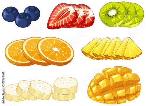 Vector Illustration of Assorted Tropical Fruit Slices and Berries