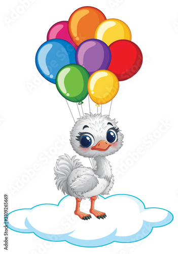 Cute Baby Ostrich Floating on Cloud with Colorful Balloons Illustration