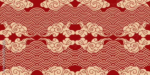 Konstfotografi Traditional Asian red background with golden clouds and Japanese wave pattern fo