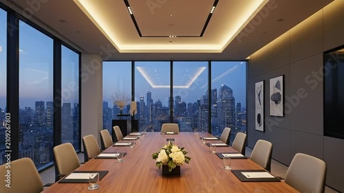 Modern Conference Room with City View for Business Meetings.