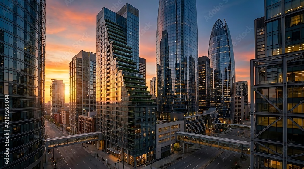Obraz premium Modern glass skyscrapers at golden hour sunset.