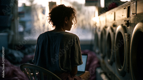 Rear view of a freelancer with a laptop beside rows of washing machines