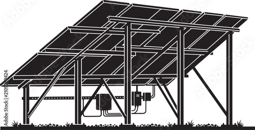 Black and white of a ground-mounted solar panel array with support structure, electrical junction boxes, and conduit wiring on a grassy ground surface