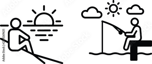 Canvastavla Set of icons representing people relaxing and fishing by the water