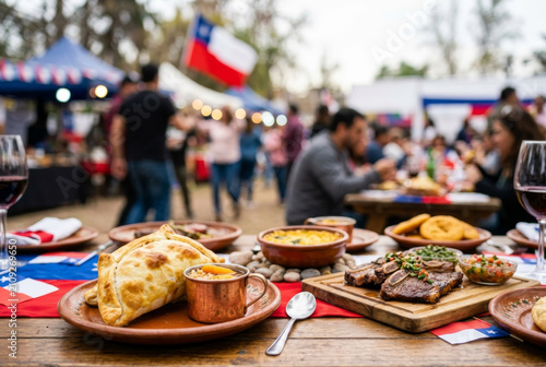 Chilean table with empanadas, asado, and pebre sauce during a lively Fiestas Patrias outdoor celebration.