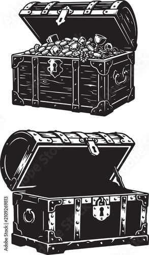 Black and white of two wooden pirate treasure chests, one overflowing with gold coins, jewels, and goblets, and one empty chest with a metal padlock