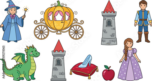 Schilderij op canvas Fairytale Fantasy Collection with Princess, Prince, Fairy Godmother, Dragon, Cas