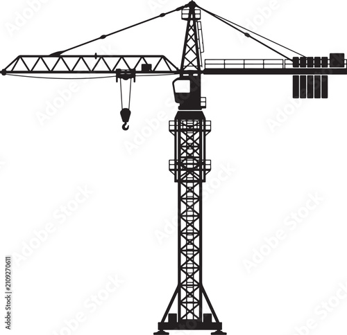 Foto Black silhouette of a tower crane, construction machinery with a lattice mast, j