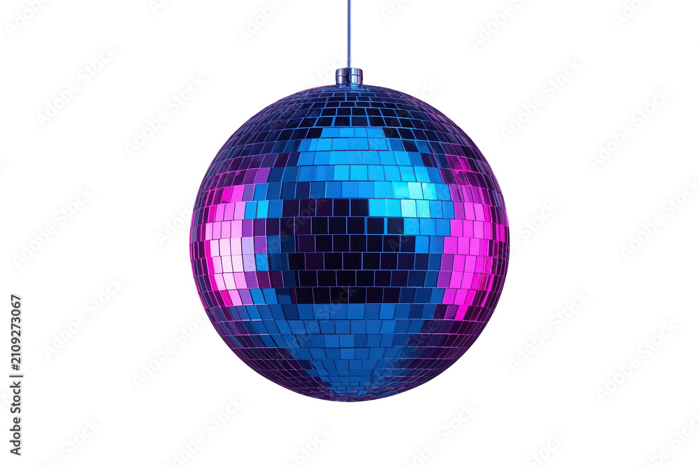 Fototapeta premium Disco ball reflecting vibrant blue and magenta lights, symbolizing party, dance, music, and celebration vibe