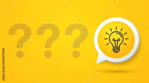 Creative light bulb idea icon in speech bubble, yellow background with question marks, concept of problem solving and innovation