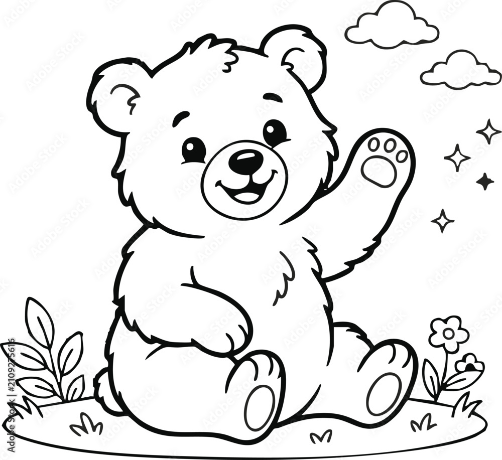 Fototapeta premium Cute cartoon bear cub waving paw in green field with flowers
