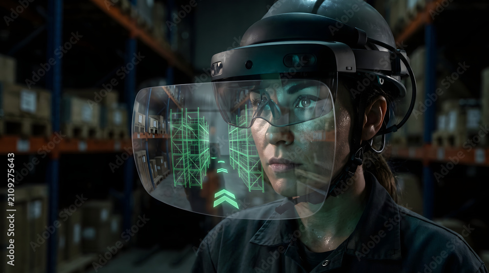 Fototapeta premium Worker wearing augmented reality headset in warehouse.
