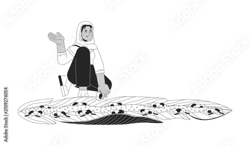 Tudung woman eating kembulan leaf served rice line art character. Communal Indonesian dining. Southeast asian female taking food isolated vector outline person. Black and white spot illustration