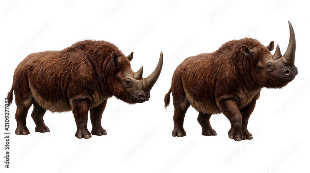 Obraz premium Woolly Rhinoceroses in Profile: A pair of sturdy rhinoceroses, one facing left and the other right, stand isolated on a clean white background.