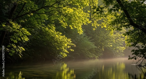 Sunlit Forest Foliage Over Misty River Waters