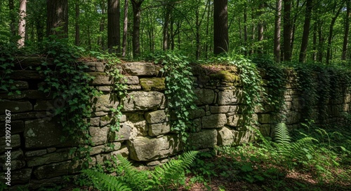 Ancient Stone Wall Covered in Ivy Within a Lush Forest