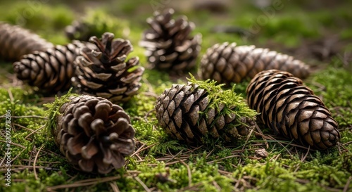 Pinecones Scattered on Mossy Forest Floor
