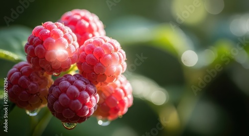 Close-up of Ripe Red Raspberries with Water Droplets in Sunlight