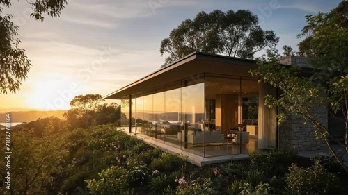 Modern Glass House at Sunset - Architectural Elegance in Nature.