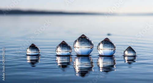 Clear Water Droplets Floating on Calm Surface with Reflections