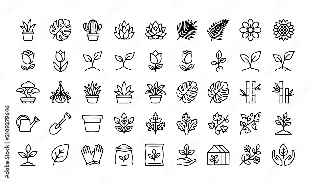 Obraz premium Plant outline icon set editable potted plants flowers leaves vector illustration