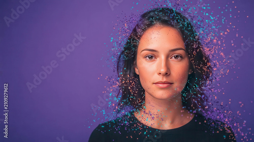 Creative portrait of a young woman dissolving into glowing digital particles on a purple background. Futuristic visual symbolizing artificial intelligence, virtual identity, digital transformation