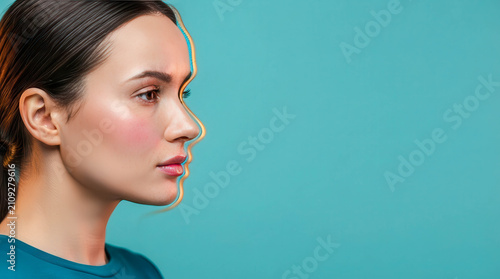 Minimal studio portrait of a young woman in side profile against a turquoise background. Clean beauty, confidence, skincare, elegance and contemporary minimalist aesthetic concept