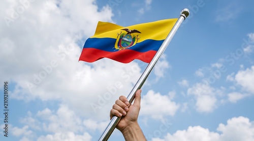 Hand holding waving national flag of Ecuador on metal flagpole against blue sky with white clouds