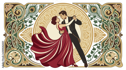 Dancers perform a graceful ballroom waltz surrounded by an ornate art nouveau border design.