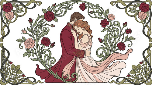 Lovers embrace affectionately within a lush rose vine border designed in a classic art nouveau style.