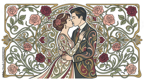 Couple kisses amidst an intricate floral frame in this elegant art nouveau inspired illustration.