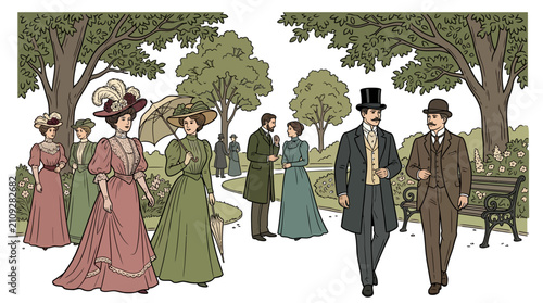 People dressed in vintage nineteenth century fashion walk through a lush public park with large trees.