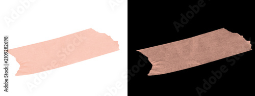 Irregular torn peach pink washi masking tape piece on white and black background, adhesive tape collage or scrapbook texture element