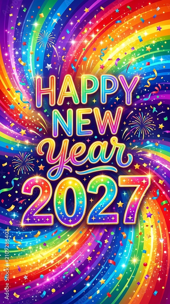 Fototapeta premium Happy new year 2027 greeting with colorful fireworks and confetti celebration.
