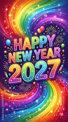 Happy new year 2027 with colorful rainbow swirl background, fireworks, balloons, and festive decorations.