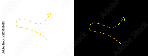 Obraz na płótnie Yellow dashed curved arrow pointing upward to the right on white and black backg