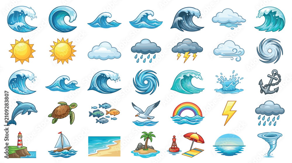 Obraz premium Cartoon ocean weather marine life elements collection set featuring a wide variety of nautical and atmospheric symbols, perfect for educational or design projects.
