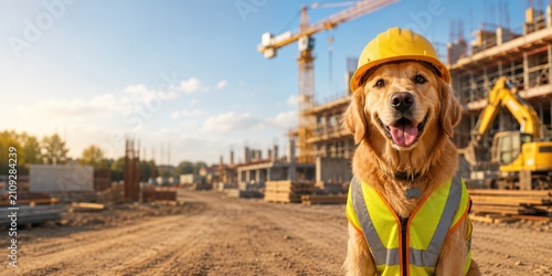 Friendly golden retriever wearing a construction helmet and high visibility safety vest at a building site. Workplace safety, engineering, and construction industry concept