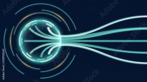 Plakat w ramie Central data synchronization flow completing partial inputs into consistent outward streams on a dark navy technology background with horizontal copy space