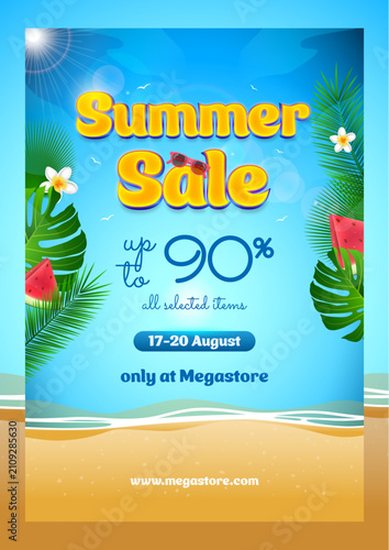 Vertical Summer Sale Flyer Template with Tropical Beach Background and Seasonal Discount