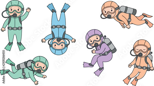 Konstfotografi Set of cute scuba divers in colorful wetsuits with oxygen tanks swimming underwa