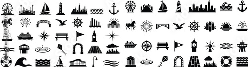 30 Navy Pier Chicago Solid Black Silhouette Icons Set on White Background