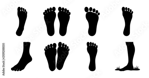Black footprints and feet silhouettes collection - Minimalist black silhouettes of feet and footprints in various poses, ideal for design and illustration projects.