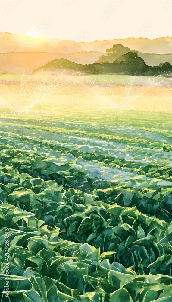 Fototapeta premium Tranquil watercolor scene of a vibrant green field bathed in warm golden hour light evokes sustainable beauty