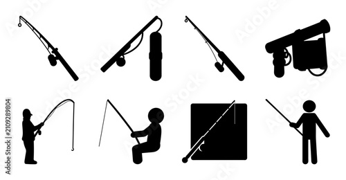 People fishing and ice climbing icons - Black and white icons showing different outdoor activities like fishing and ice climbing, ideal for sports or adventure themes.
