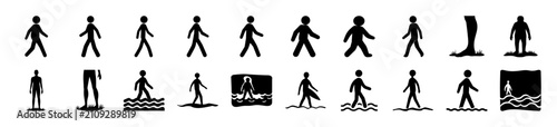 Flat icons of people doing various activities - Set of simple black and white vector icons showing people walking, running, skiing, skateboarding, and more in a flat design style.