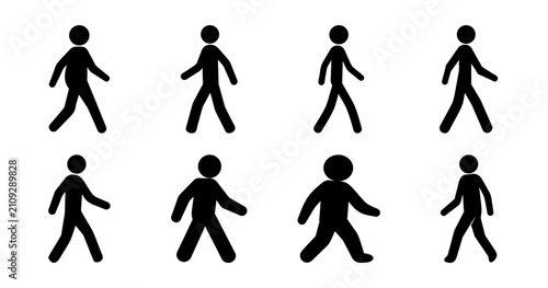 Set of diverse walking people icons - Simple vector icons showing people walking in different styles, ideal for user interfaces, presentations, or infographics.