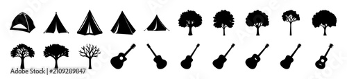 Flat icons set of tents, trees, and guitars - Minimalist vector icons showing camping tents, deciduous trees, and guitars in a clean black and white style.