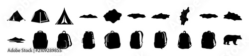 Flat style camping and hiking tent icons set - Minimalist black and white flat icons depicting various tents, backpacks, and hiking gear for outdoor adventure themes.