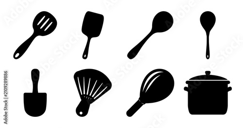 Black kitchen cooking utensils set icons - Minimalist black icons of various kitchen utensils including spatulas, ladle, brush, whisk, and pot for cooking and baking designs.